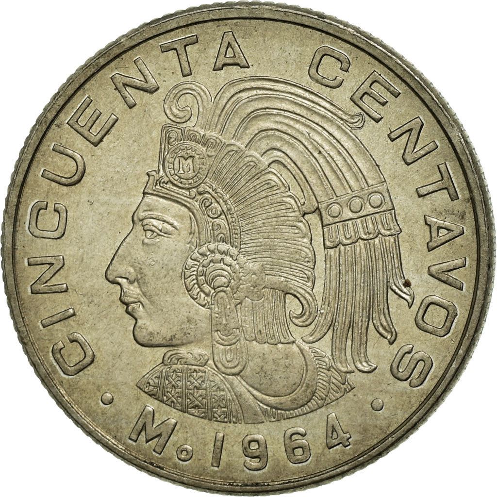 Mexico 50 Centavos Coin | King Cuauhtemoc | Feather crown | KM451 | 1964 - 1969