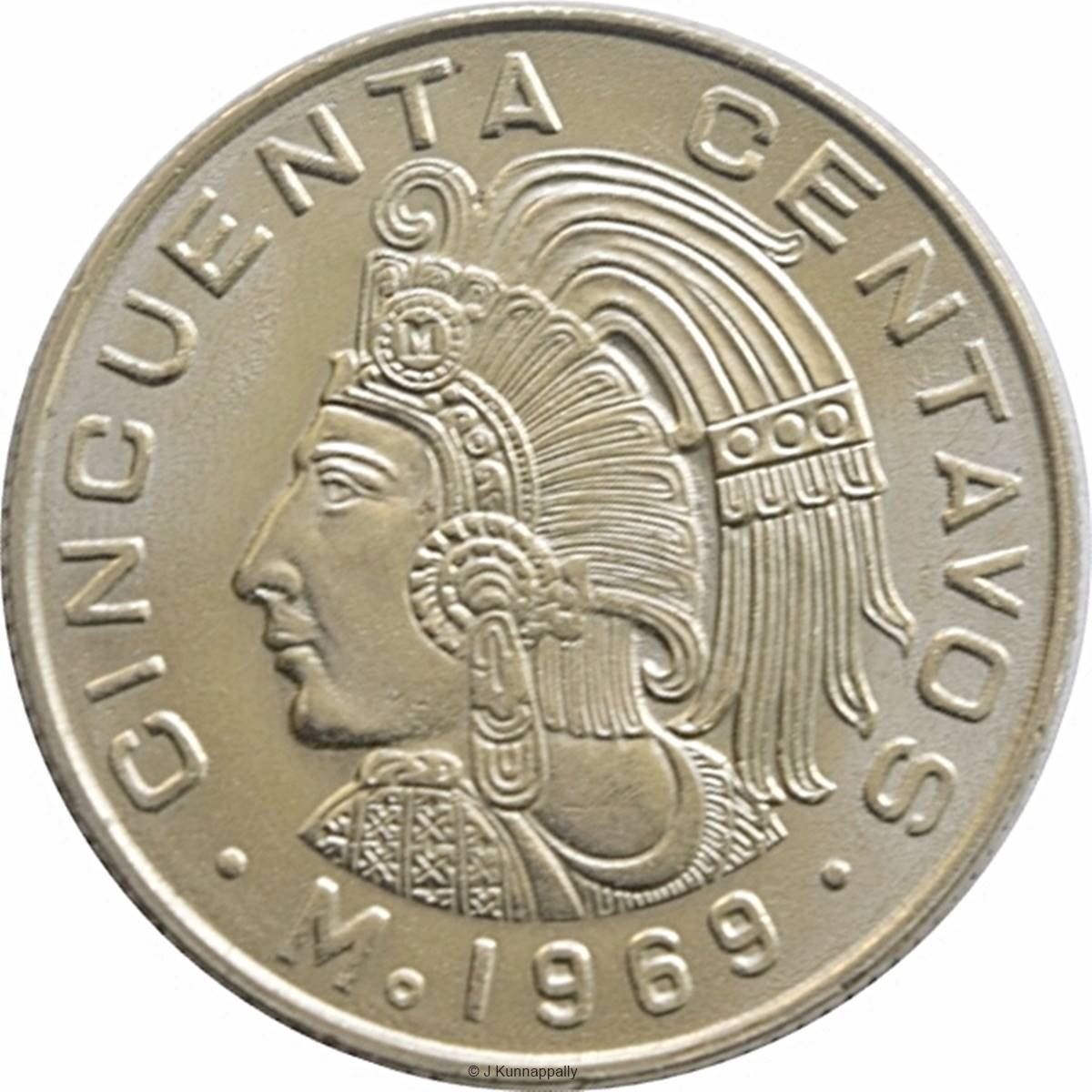 Mexico 50 Centavos Coin | King Cuauhtemoc | Feather crown | KM451 | 1964 - 1969