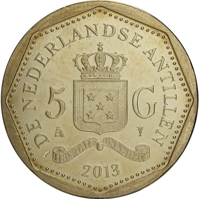 Netherlands Antilles 5 Gulden Coin | Willem Alexander | Queen Beatrix | Maarten flag | KM86 | 2013