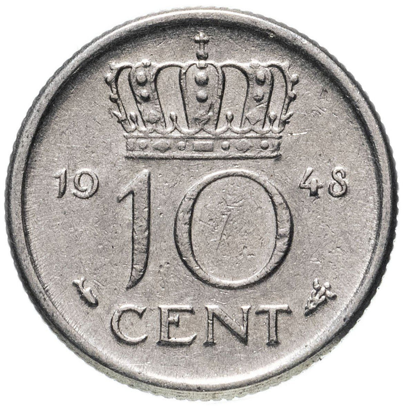 Netherlands Coin 10 Cents Queen Wilhelmina KM177 1948