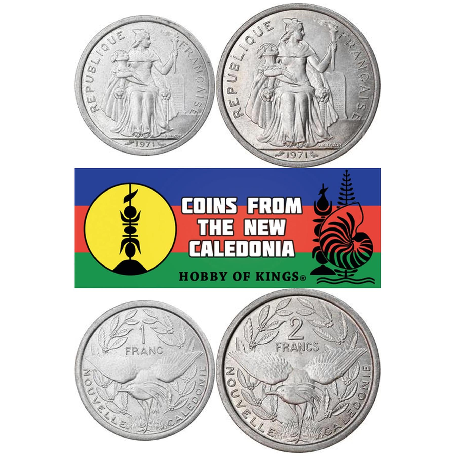 New Caledonia | 2 Coin Set | 1 Franc 2 Francs | Liberty | Kagu Bird | 1971