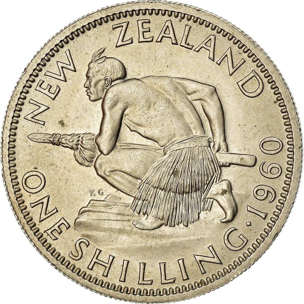 New Zealander 1 Shilling Coin | Queen Elizabeth II | Maori Warrior | Taiaha | KM27 | 1953 - 1965