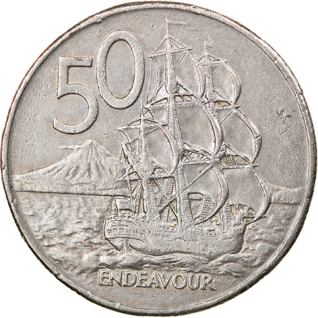 New Zealander 50 Cents Coin | Queen Elizabeth II | Captain James Cook | HMS Endeavour | KM37 | 1967 - 1985