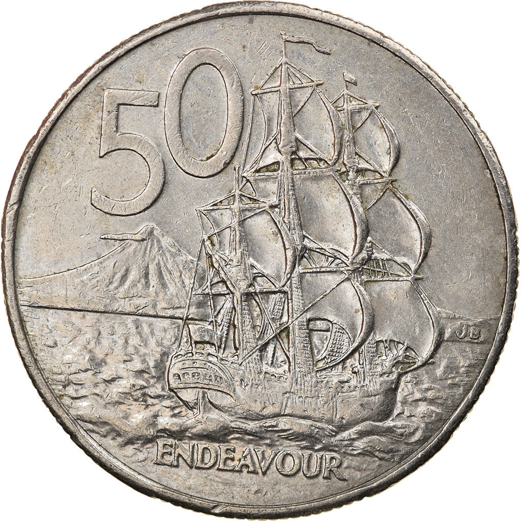 New Zealander 50 Cents Coin | Queen Elizabeth II | Captain James Cook | HMS Endeavour | KM63 | 1986 - 1998