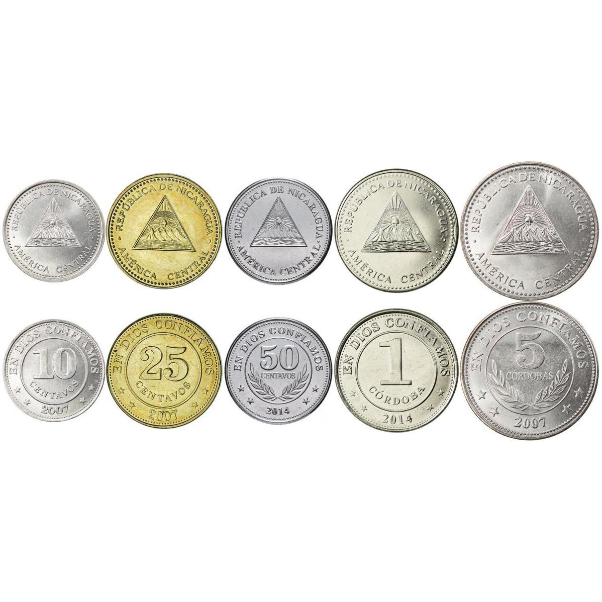 Nicaragua | 5 Coin Set | 10 25 50 Centavos 1 5 Cordobas | Rainbow | 2007 - 2015