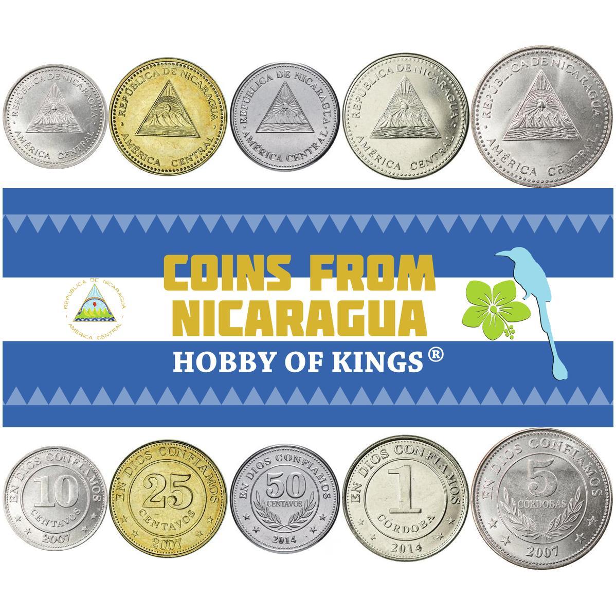 Nicaragua | 5 Coin Set | 10 25 50 Centavos 1 5 Cordobas | Rainbow | 2007 - 2015