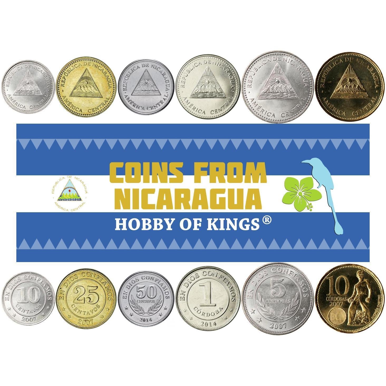 Nicaragua | 6 Coin Set | 10 25 50 Centavos 1 5 10 Cordobas | Volcano | 2007 - 2015