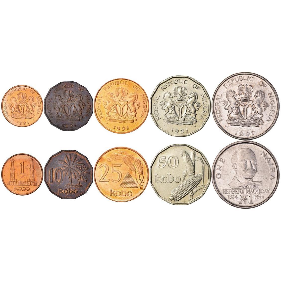 Nigeria | 5 Coin Set | 1 10 25 50 Kobo 1 Naira | 1991 - 1993