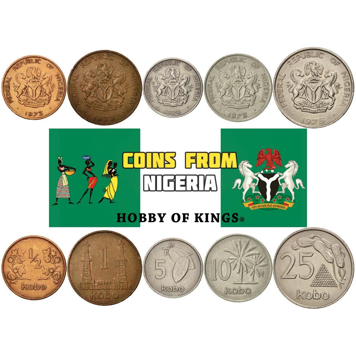 Nigeria | 5 Coin Set | 1/2 1 5 10 25 Kobo | 1973 - 1986