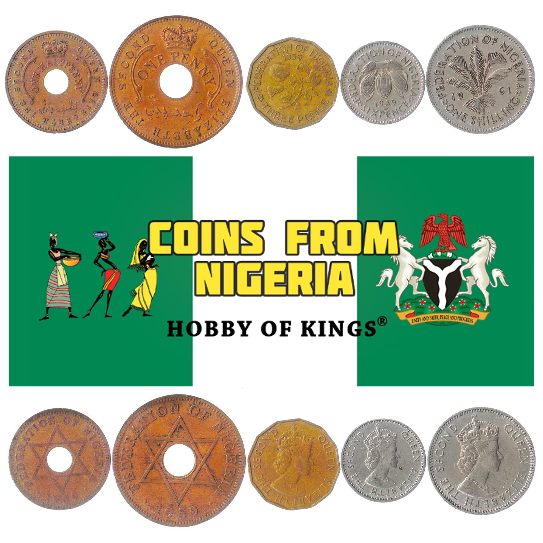 Nigeria | 5 Coin Set | 1/2 1 Penny 3 6 Pence 1 Shilling | 1959 - 1962