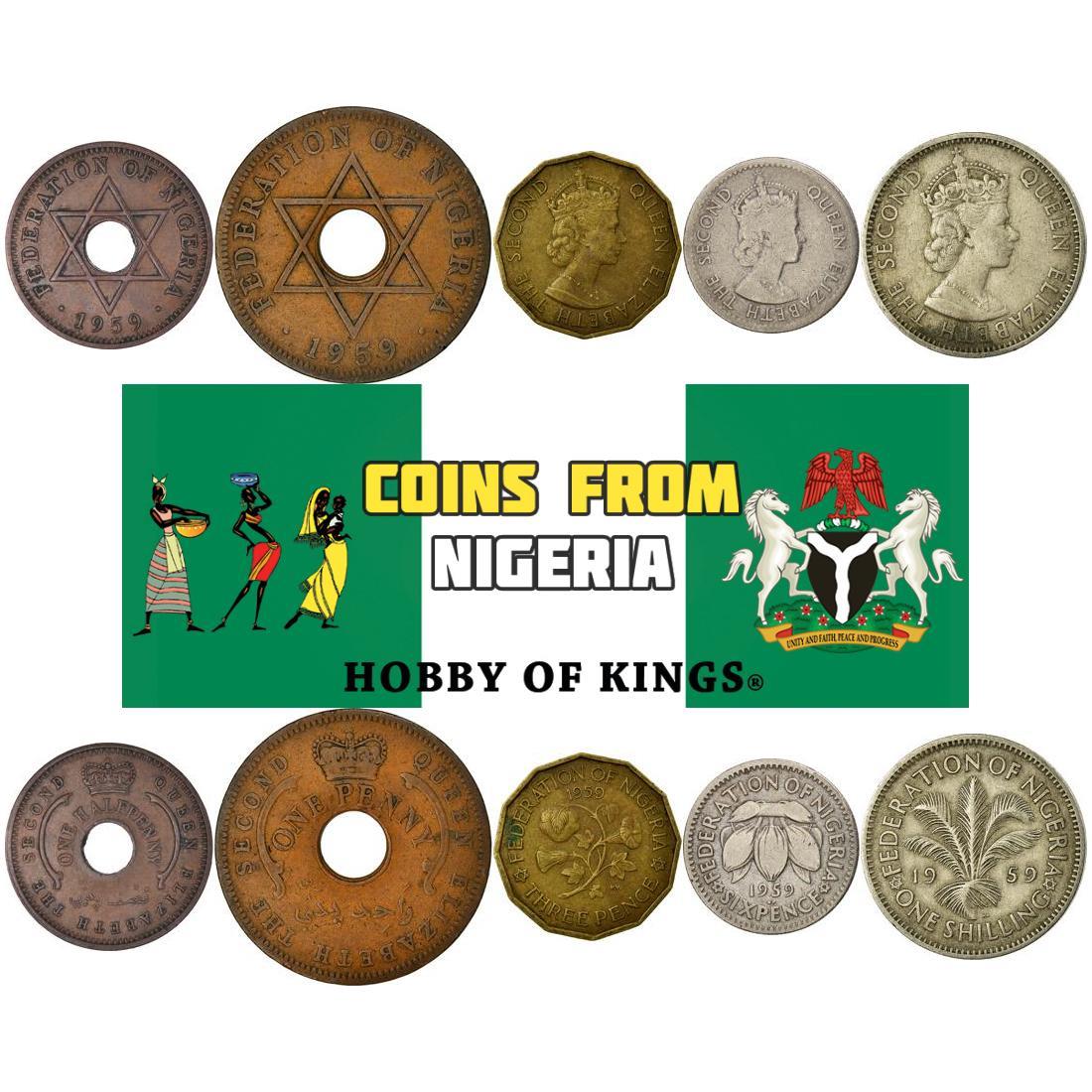 Nigeria | 5 Coin Set | 1/2 1 Penny 3 6 Pence 1 Shilling | 1959 - 1962