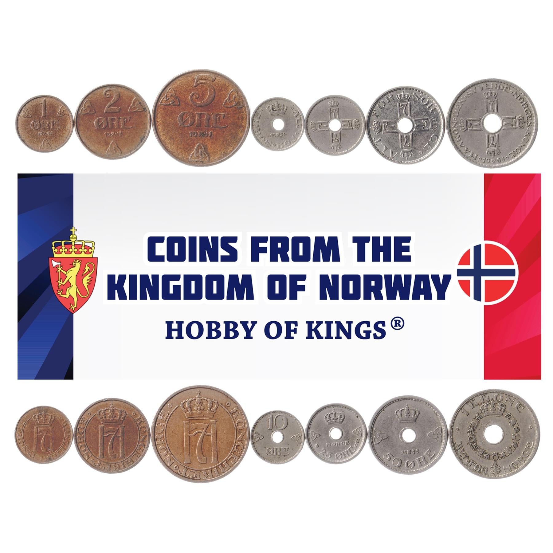 Norwegian 7 Coin Set 1 2 5 10 25 50 Øre 1 Krone | Cross | Norway | 1908 - 1952