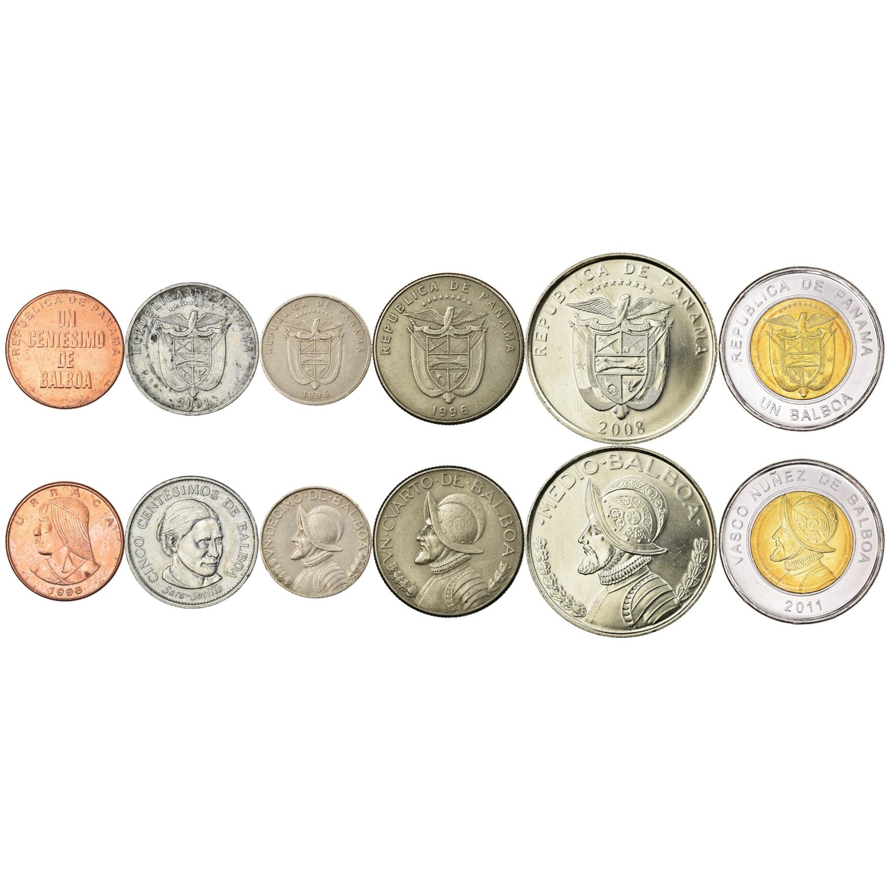 Panamanian 4 Coin Set 1 5 Centesimos 1/10 1/4 Balboa | Urraca | Sara Sotillo | Vasco Núñez De Balboa | Panama | 1996 - 2008