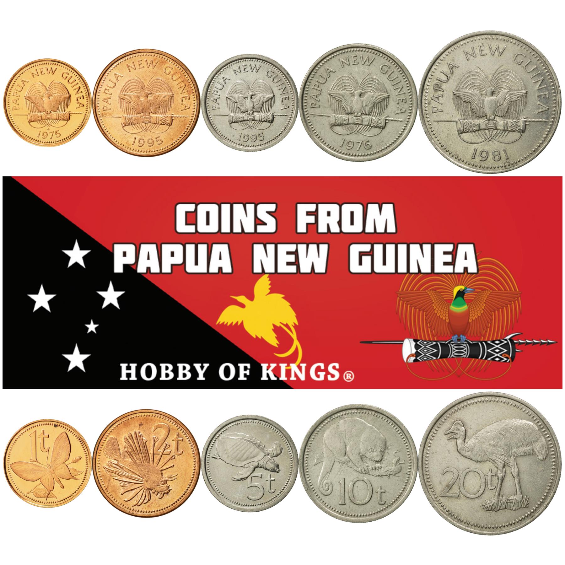 Papua New Guinean 5 Coin Set 1 2 5 10 20 Toea | Spotted Cuscus | Bird Of Paradise | Dwarf Cassowary | Turtle | Papua New Guinea | 1975 - 2001