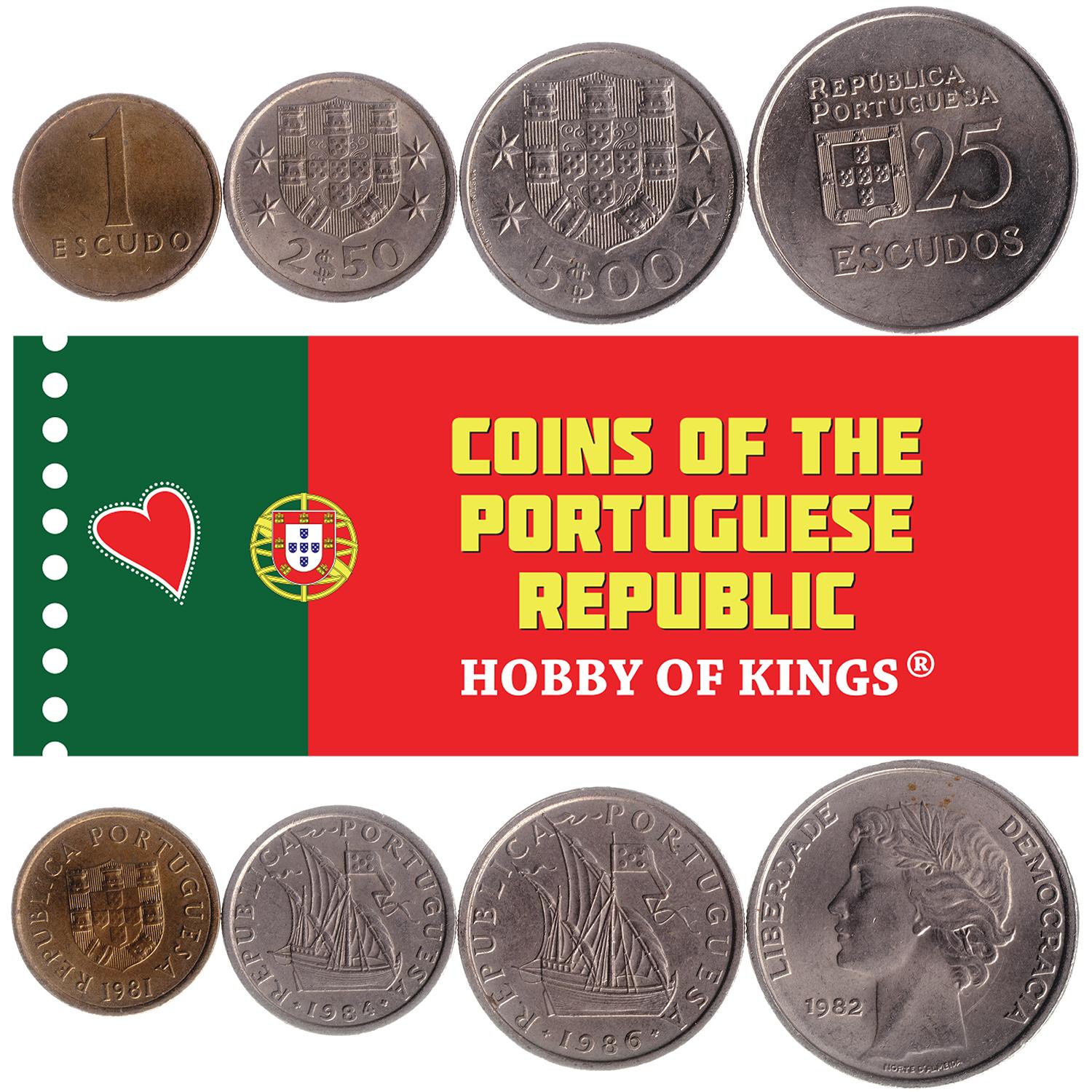 Portuguese 4 Coin Set 1 2.50 5 25 Escudos | Sailing Ship | Portrait of Republica | Portugal | 1980 - 1986