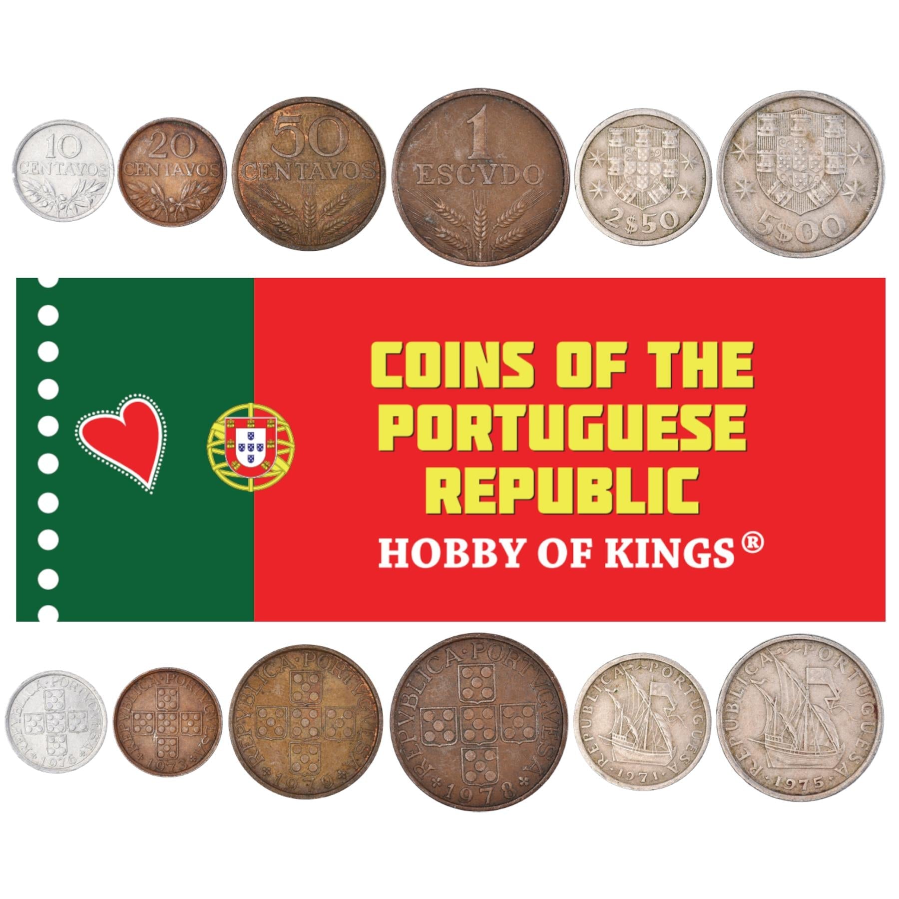 Portuguese 6 Coin Set 10 20 50 Centavos 1 2.50 5 Escudos | Ship | Quinas | Portugal | 1969 - 1979