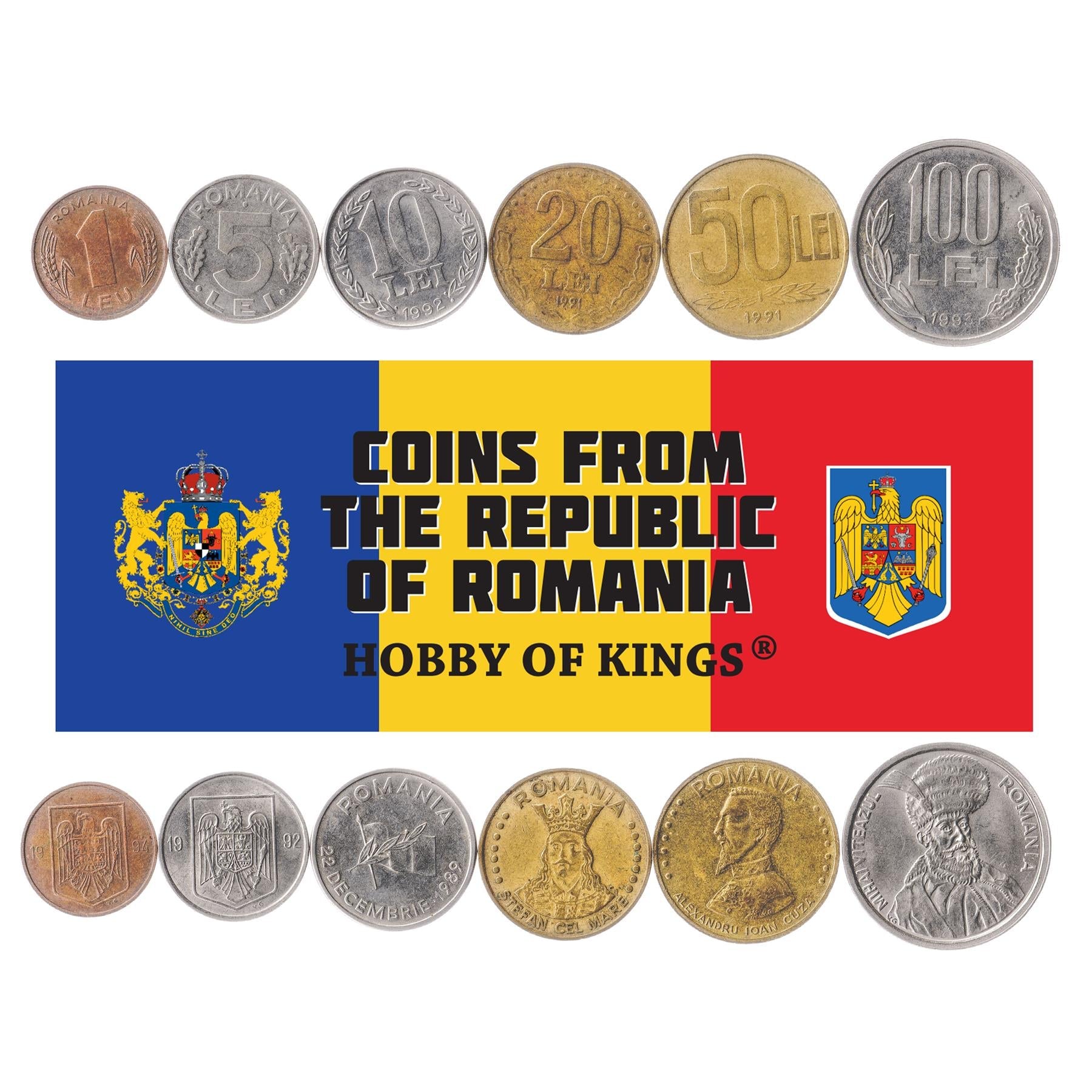 Romanian 6 Coin Set 1 5 10 20 50 100 Lei | Stephen the Great | Alexandru Ioan Cuza | Michael the Brave | 1990 - 1996