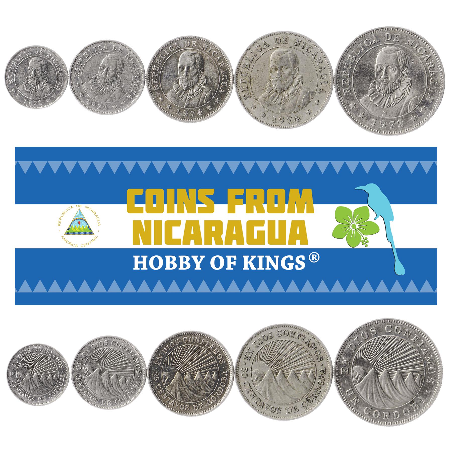 Set 5 Coins Nicaragua 5, 10, 25, 50 Centavos, 1 Cordoba 1972 - 1974