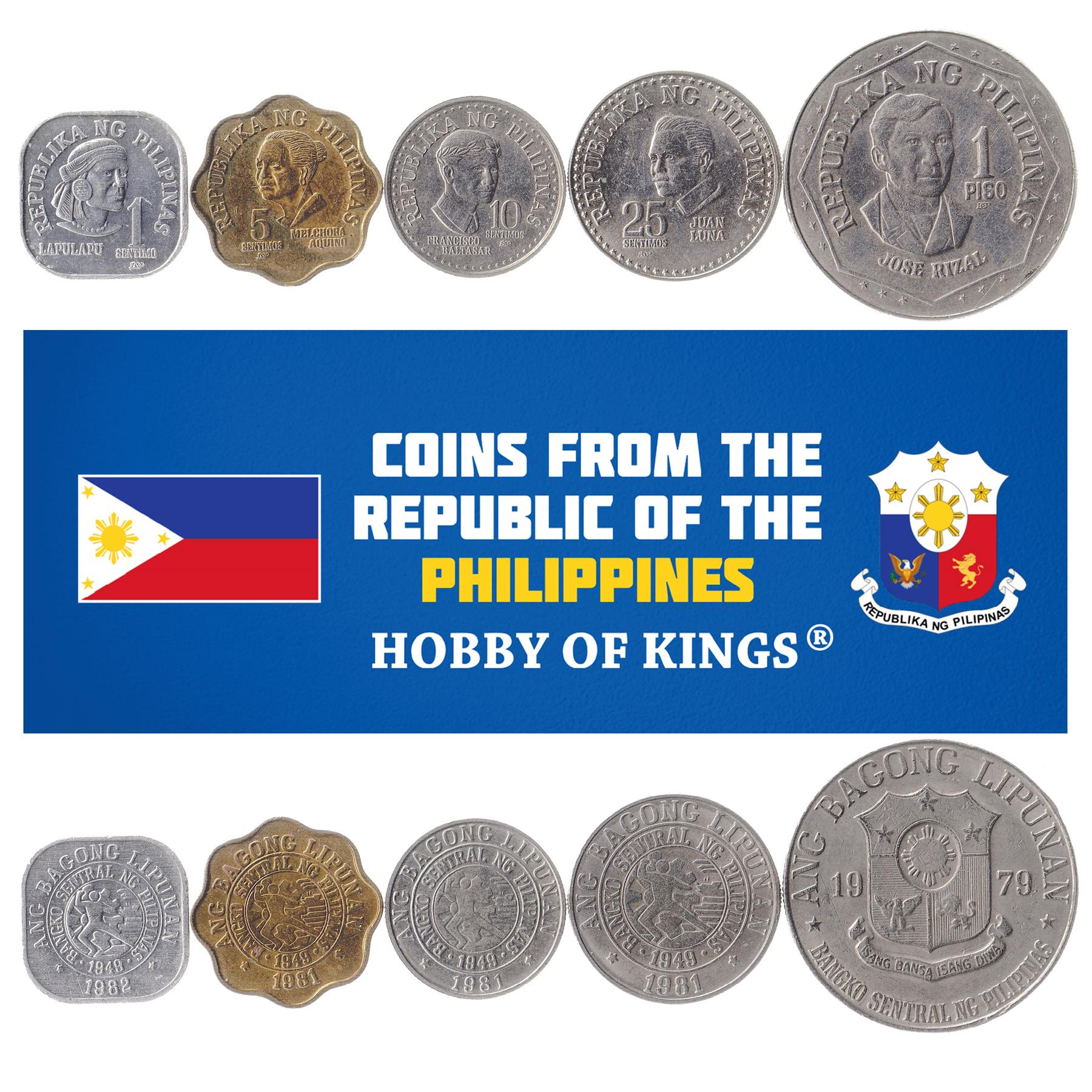 Set 5 Coins Philippines 1 5 10 25 Sentimos 1 Peso 1979 - 1982