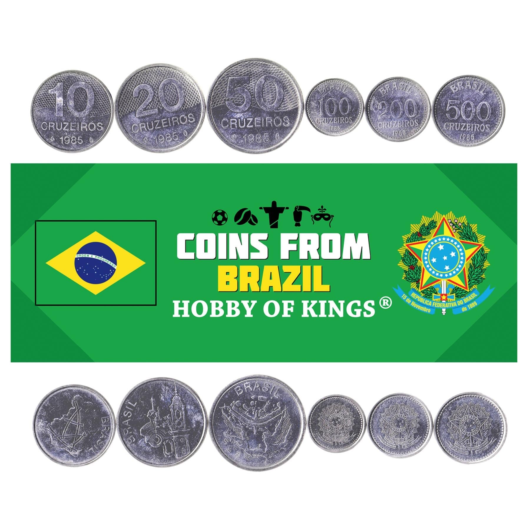 Set 6 Coins Brazil 10 20 50 100 200 500 Cruzeiros Brazilian Currency 1985 - 1986