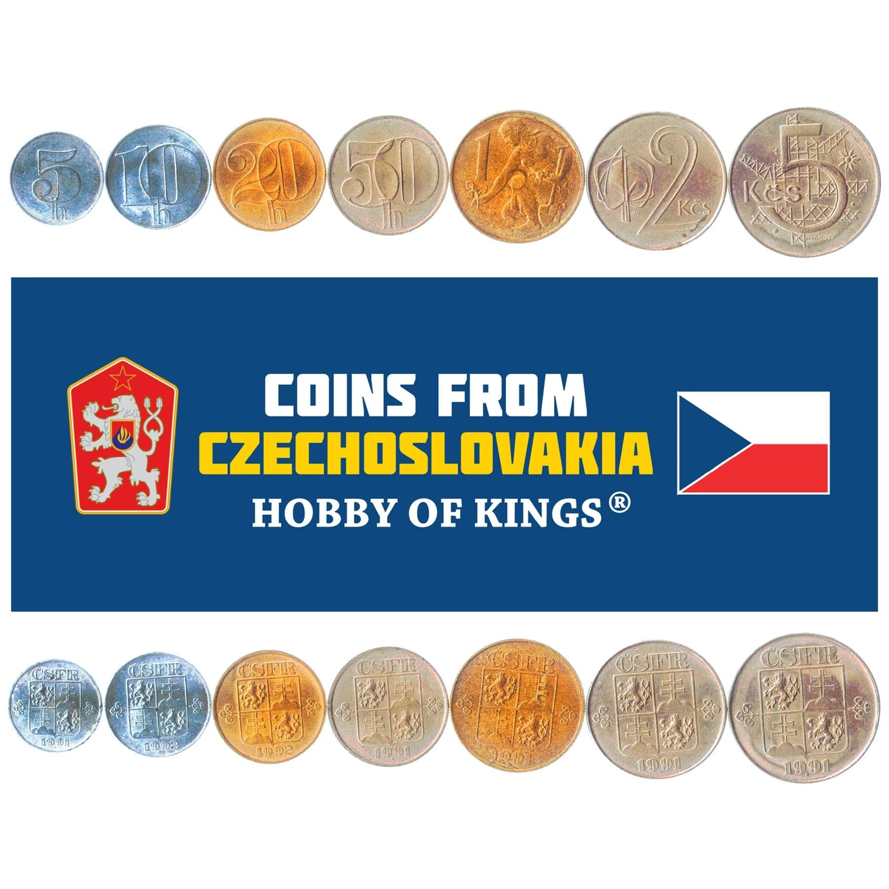 Set 7 Coins Czechoslovakia 5 10 20 50 Hellers 1 2 5 Korun 1991 - 1993