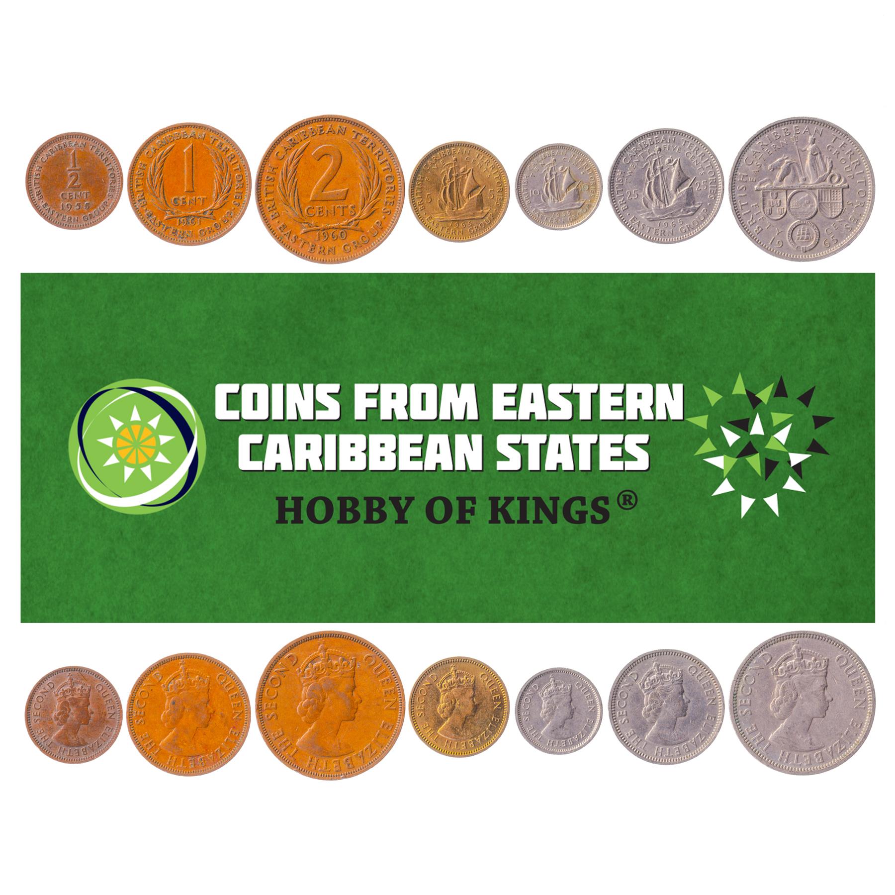 Set 7 Coins Eastern Caribbean States 1/2 1 2 5 10 25 50 Cents 1955 - 1965