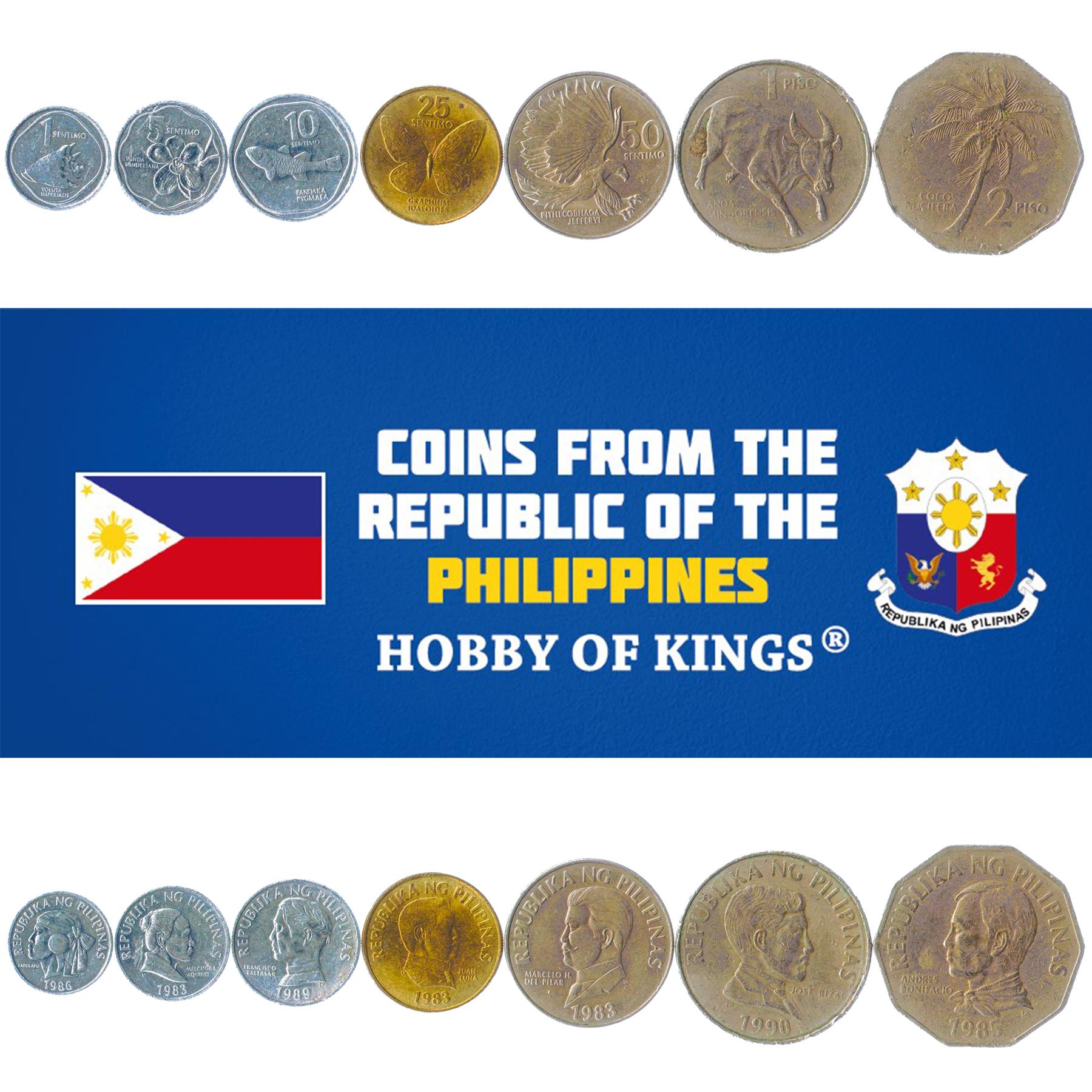 Set 7 Coins Philippines 1 5 10 25 50 Sentimos 1 2 Peso 1983 - 1994