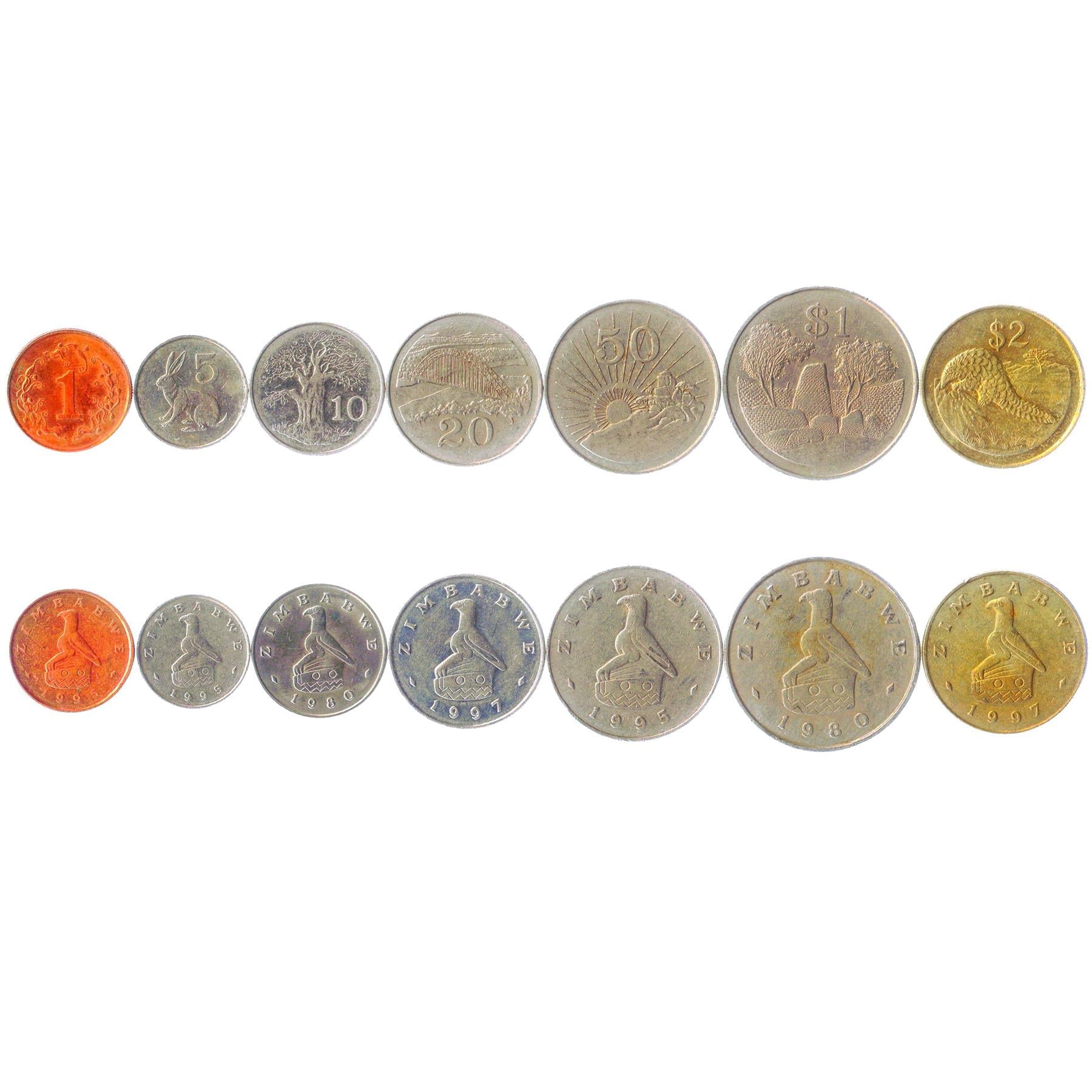 Set 7 Coins Zimbabwe 1 5 10 20 50 Cents 1 2 Dollars 1980 - 1999