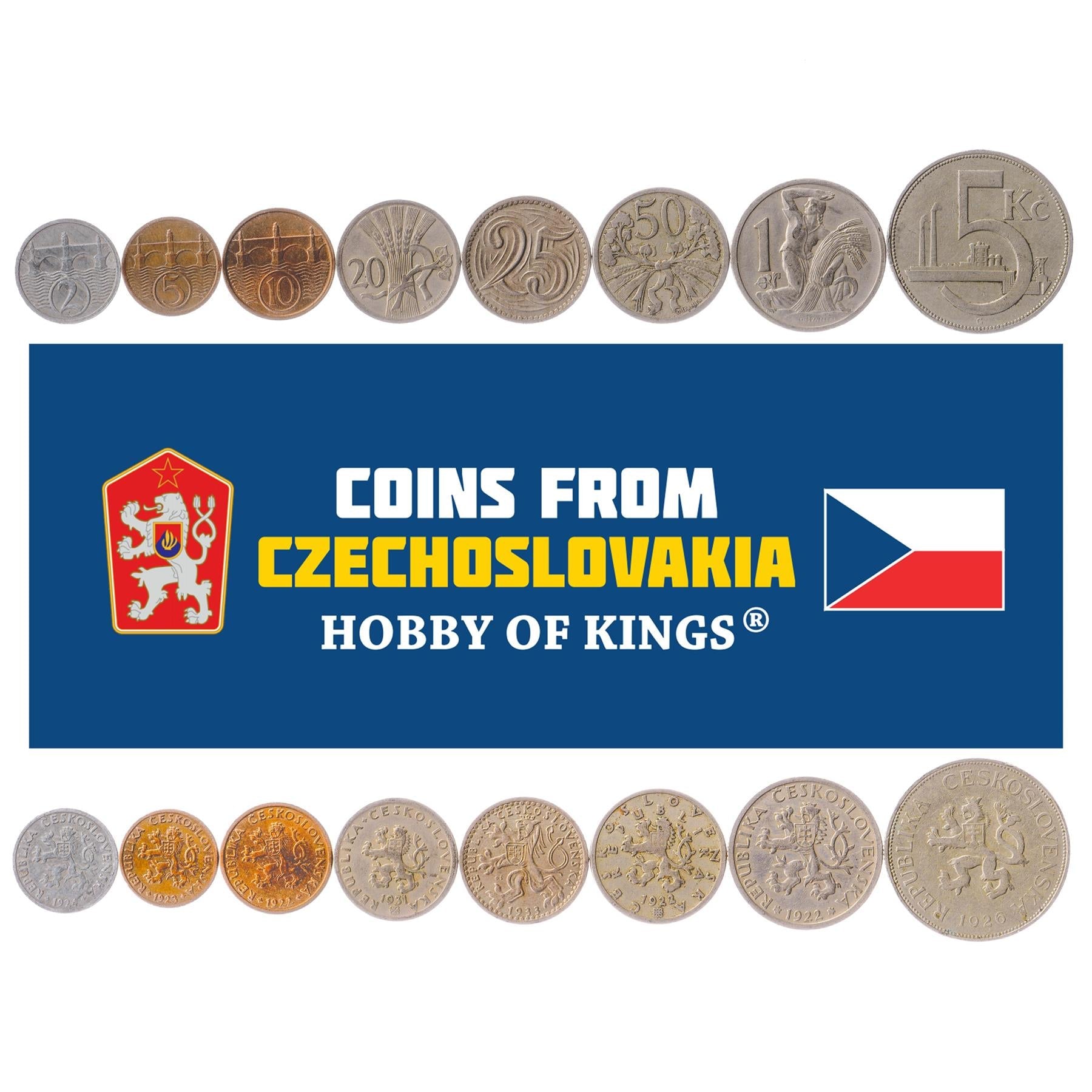 Set 8 Coins Czechoslovakia 2 5 10 20 25 50 Hellers 1 5 Koruna 1921 - 1938