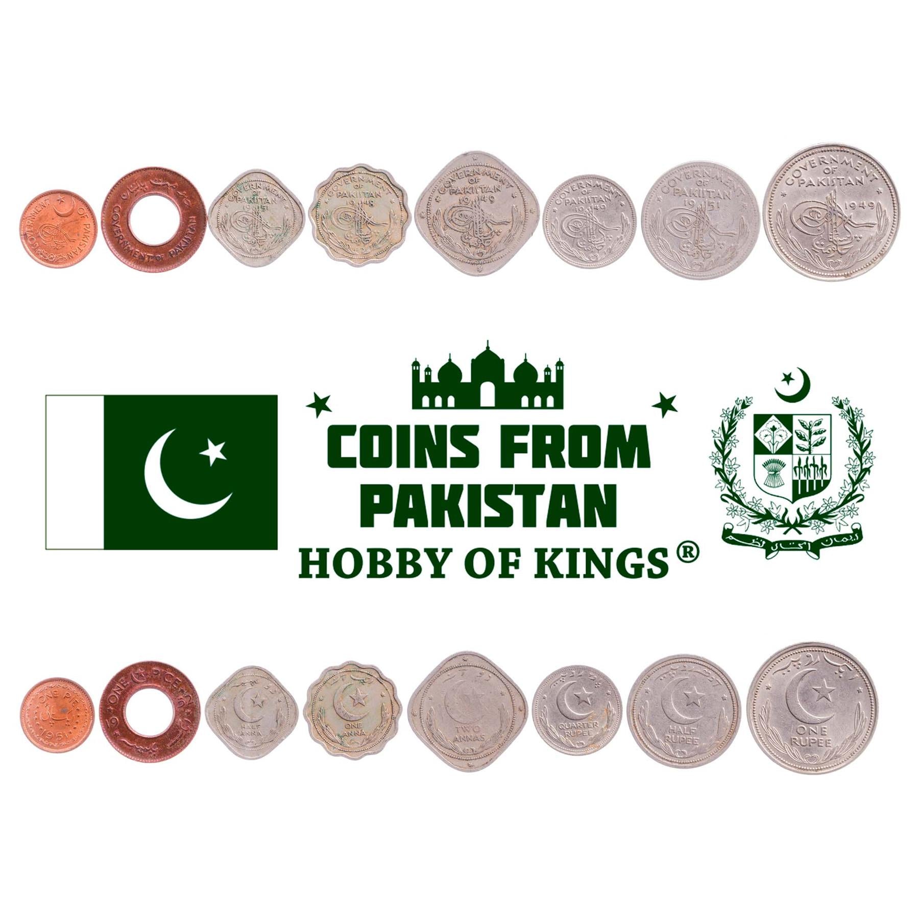 Set 8 Coins Pakistan 1 Pie 1 Pice 1/2 1 2 Annas 1/4 1/2 1 Rupees 1948 - 1952