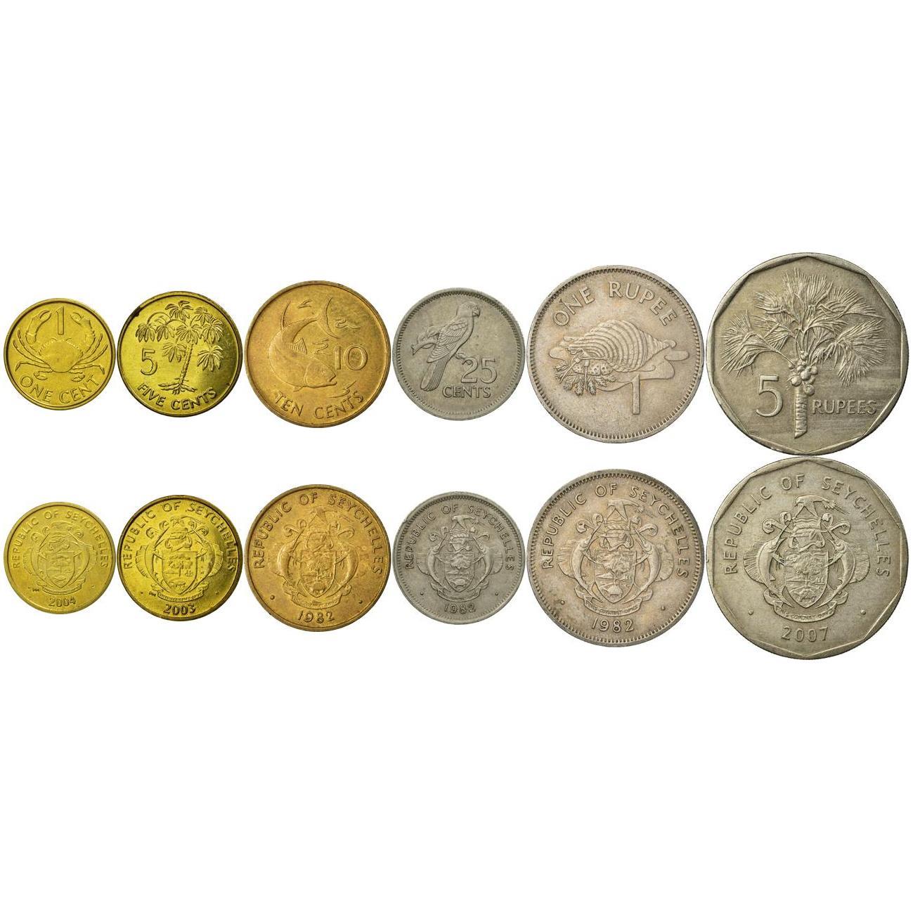 Seychelles | 6 Coin Set | 1 Cent 5 10 25 Cents 1 Rupee 5 Rupees | 1982 - 2010