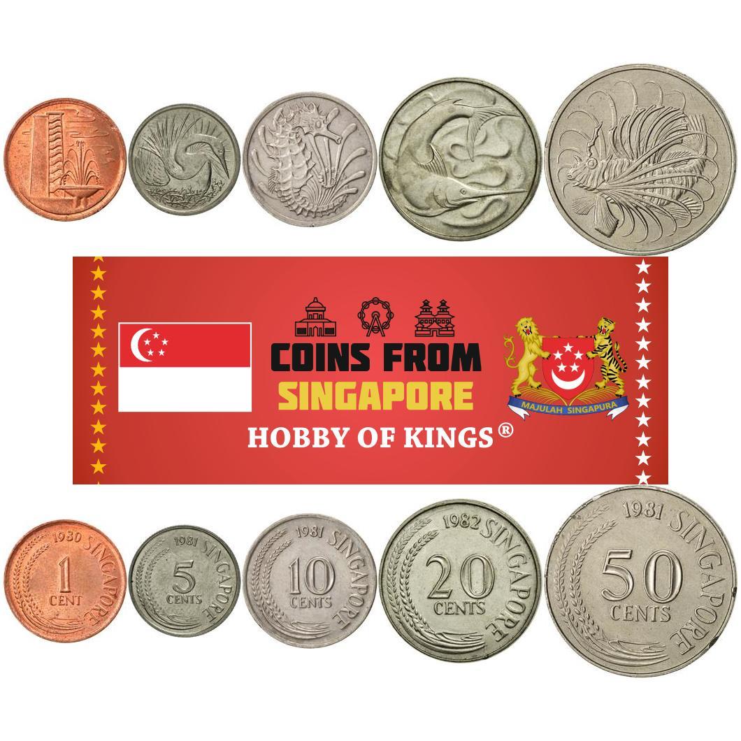 Singapore | 5 Coin Set | 1 Cent 5 10 20 50 Cents | Fountain | Snake Bird | Crowned Seahorse | Swordfish | Lionfish | 1976 - 1985