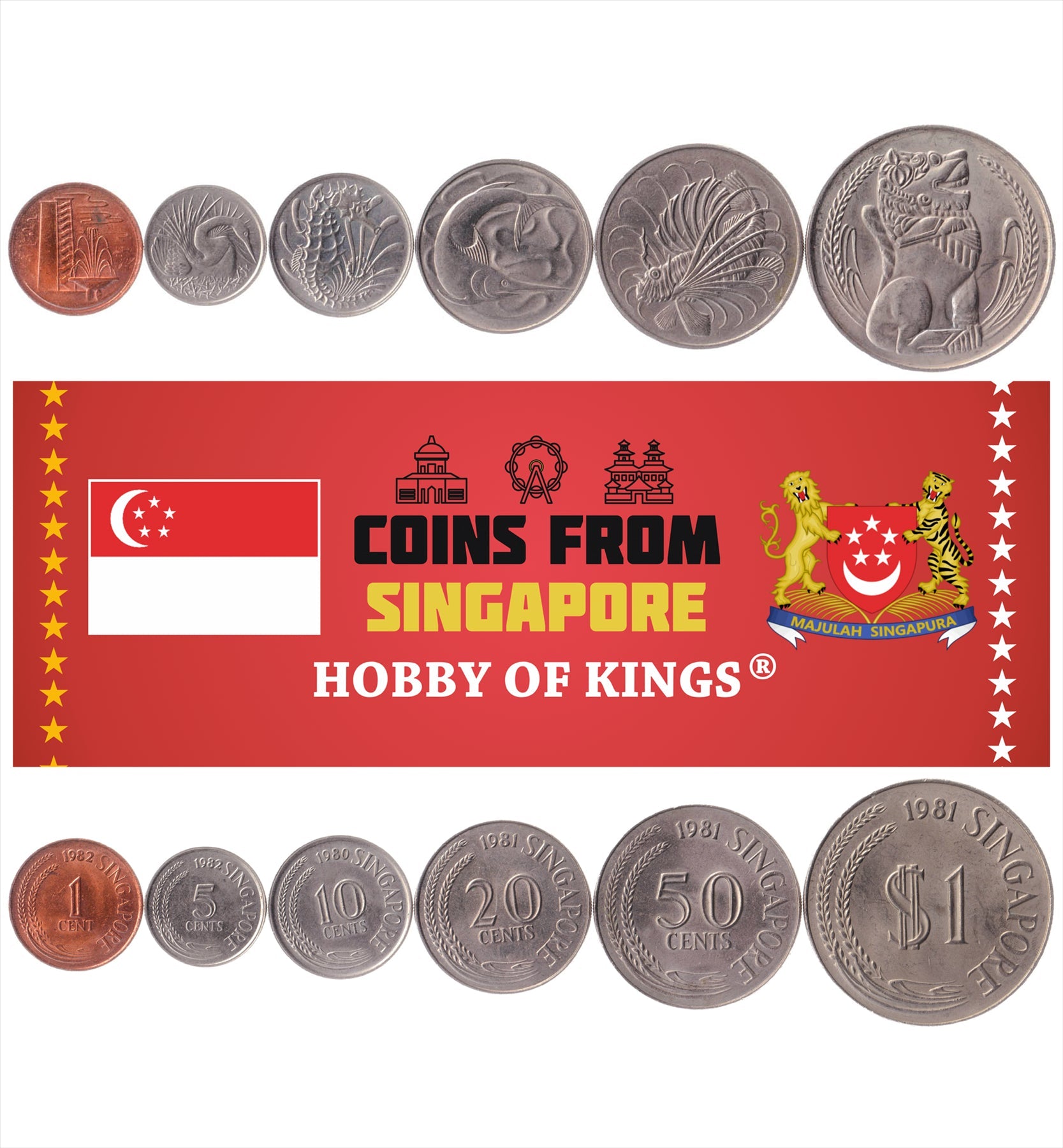 Singapore | 6 Coin Set | 1 Cent 5 10 20 50 Cents 1 Dollar | Fountain | Snake Bird | Crowned Seahorse | Swordfish | Lionfish | Singapore lion | 1976 - 1985