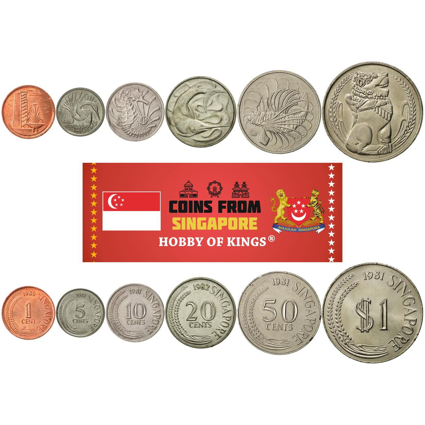 Singapore | 6 Coin Set | 1 Cent 5 10 20 50 Cents 1 Dollar | Fountain | Snake Bird | Crowned Seahorse | Swordfish | Lionfish | Singapore lion | 1976 - 1985