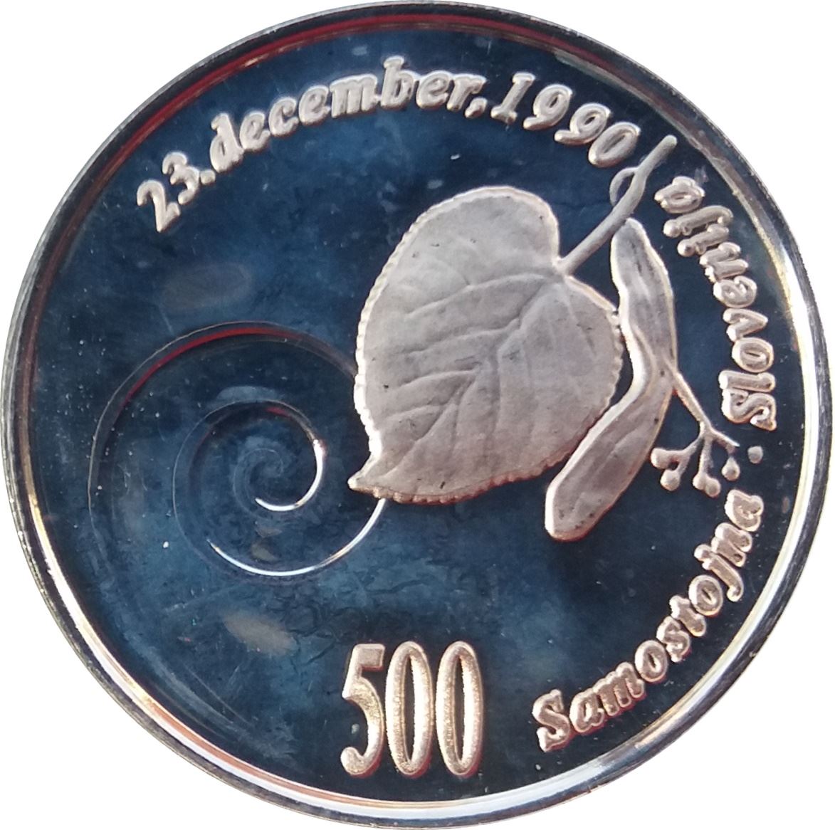 Slovenia 500 Tolarjev Coin | Plebiscite on Independence | Leaf | KM1 | 1991