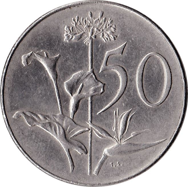 South Africa | 50 Cents Coin | President Charles Swart | Flowers | Lilies | Bird of Paradise | Km:79.1 | 1968