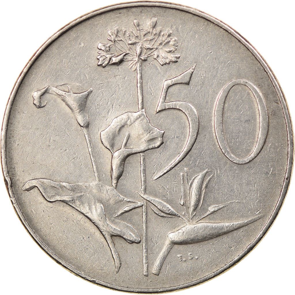 South Africa | 50 Cents Coin | President Charles Swart | Flowers | Lilies | Bird of Paradise | Km:79.1 | 1968