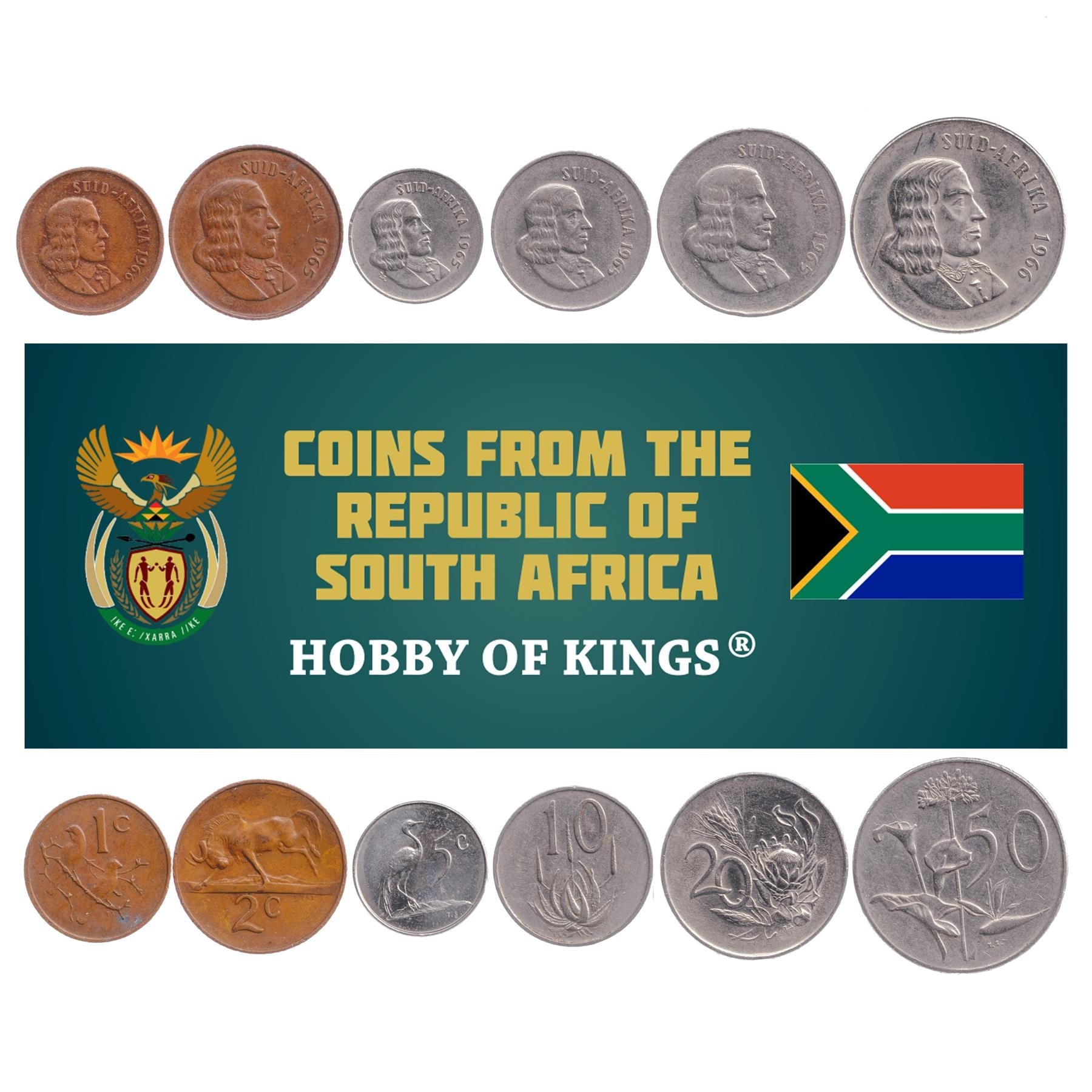 South African 6 Coin Set 1 2 5 10 20 50 Cents | Royal Protea | 1965 - 1969