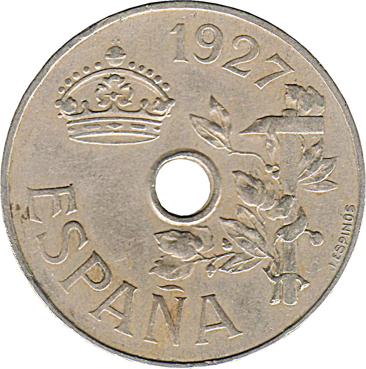 Spain | 25 Centimos Coin | KM742 | Hammer | Hole | 1927