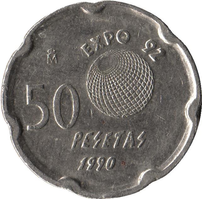 Spain 50 Pesetas - Juan Carlos I Expo '92 Coin KM852 1990