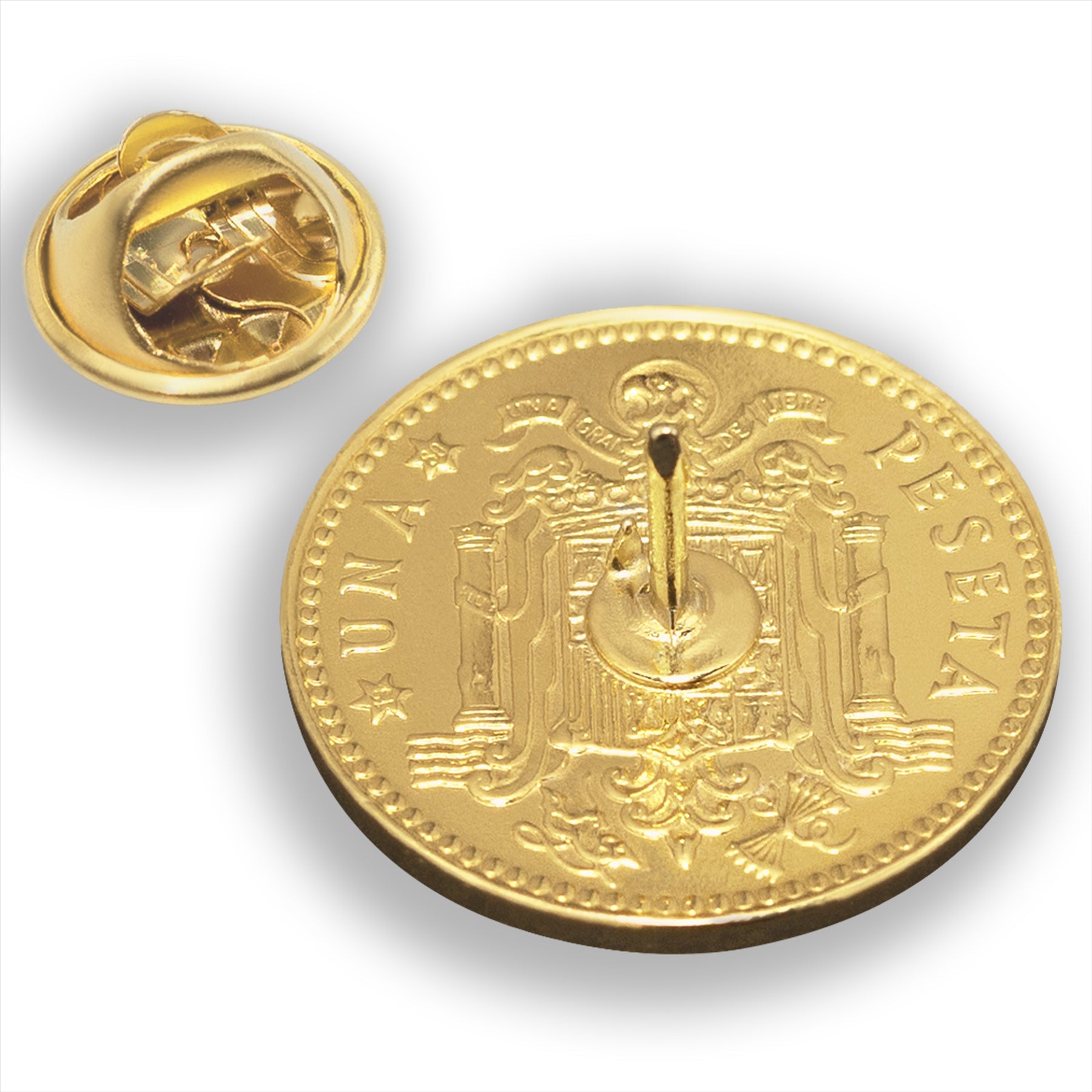 Spanish Coin Pin Brooch Badge | Genuine 1 Peseta | 18K Gold Plated | King Juan Carlos I