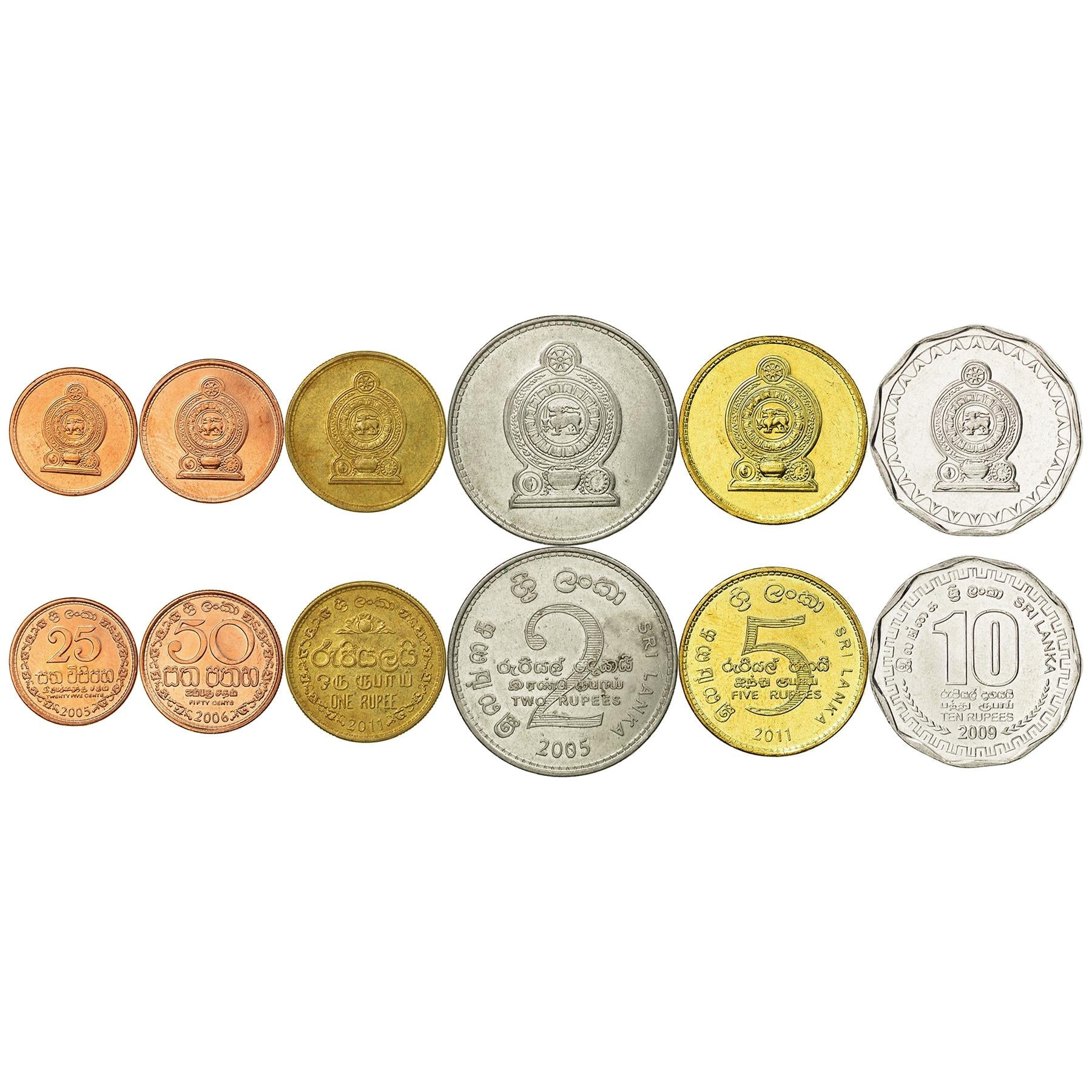 Sri Lankan 6 Coin Set 25 50 Cents 1 2 5 10 Rupees | Sri Lanka | 2005 - 2013