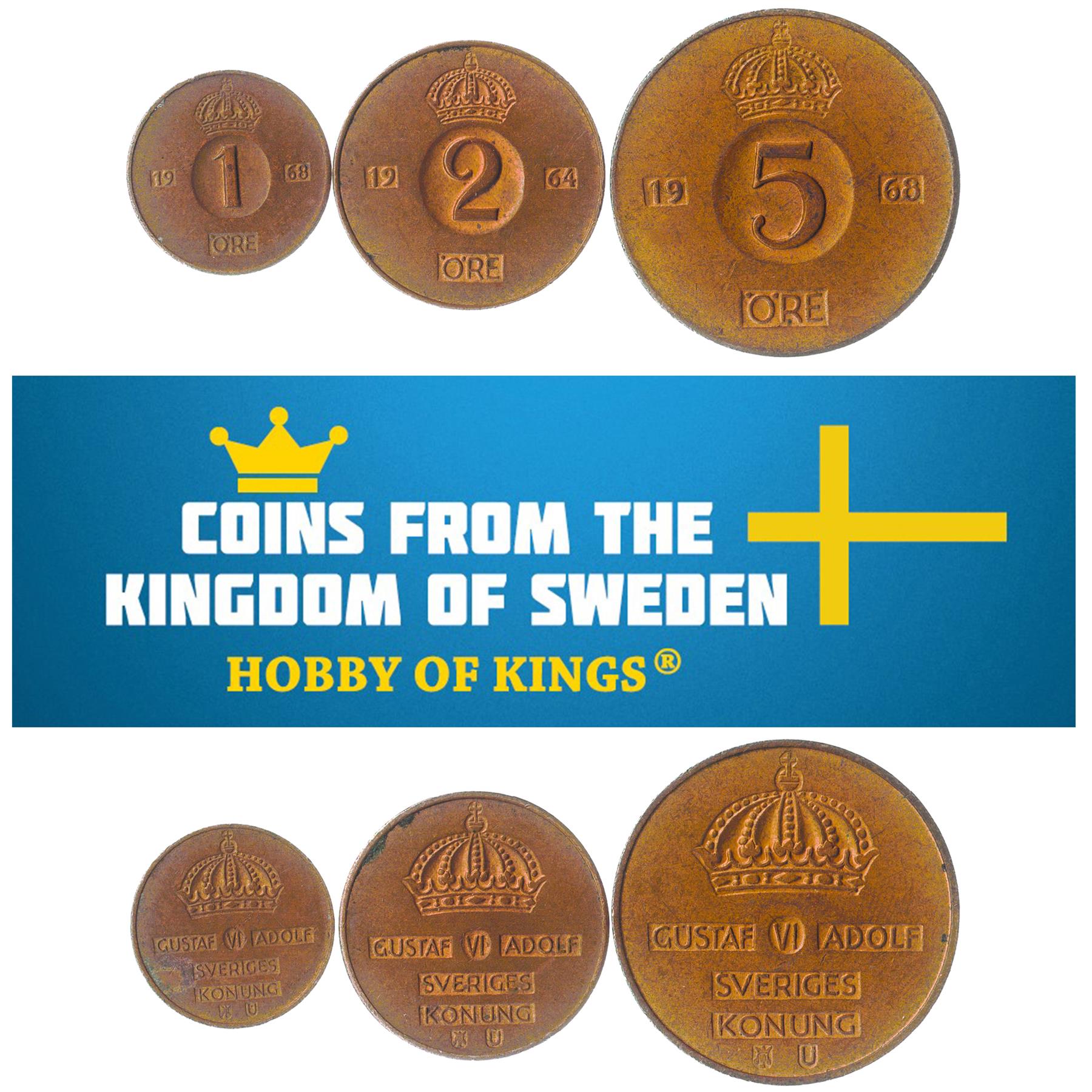 Swedish 3 Coin Set 1 2 5 Öre | Crown | Sweden | 1952 - 1971