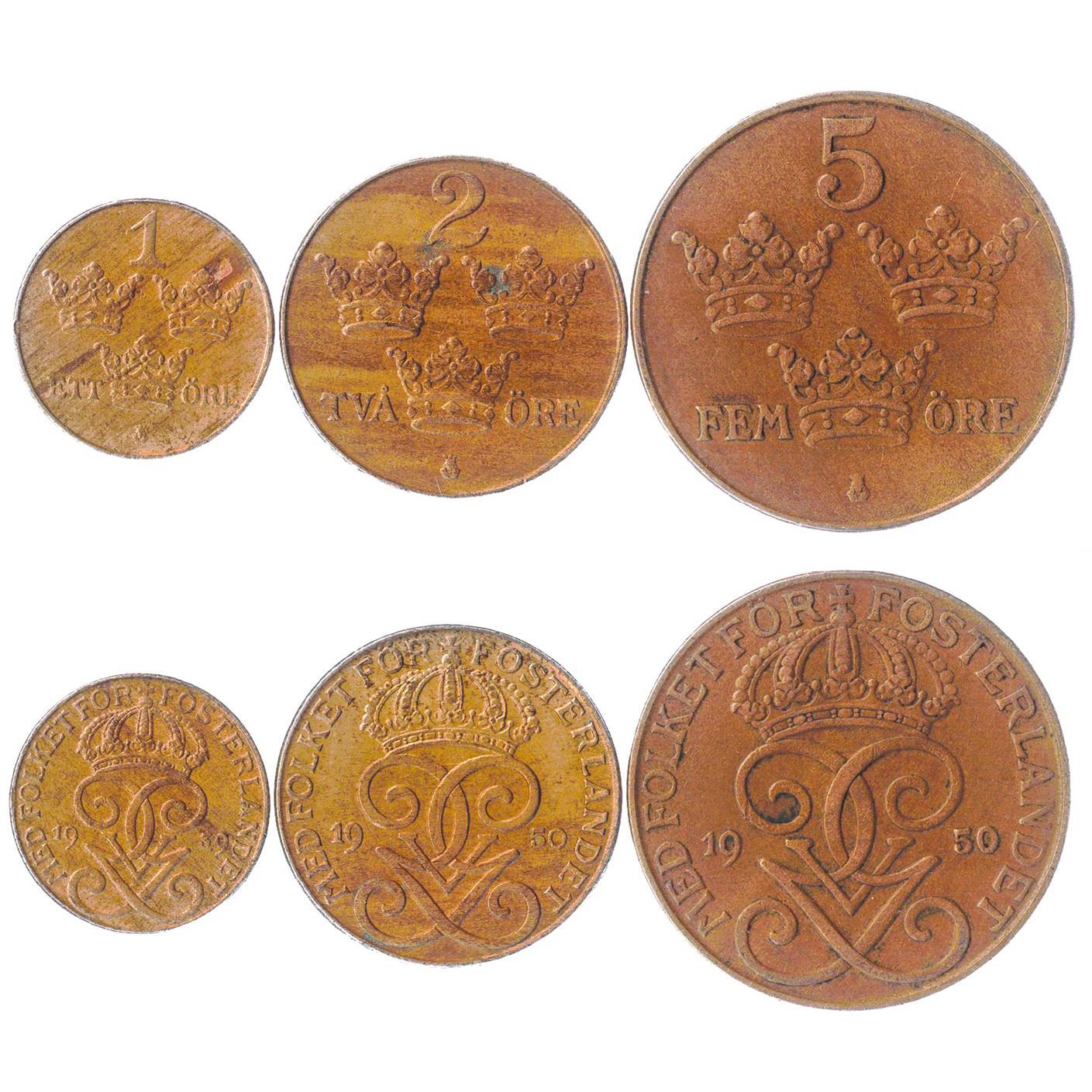 Swedish 3 Coin Set 1 2 5 Ore | Three Crowns | Sweden | 1909 - 1950