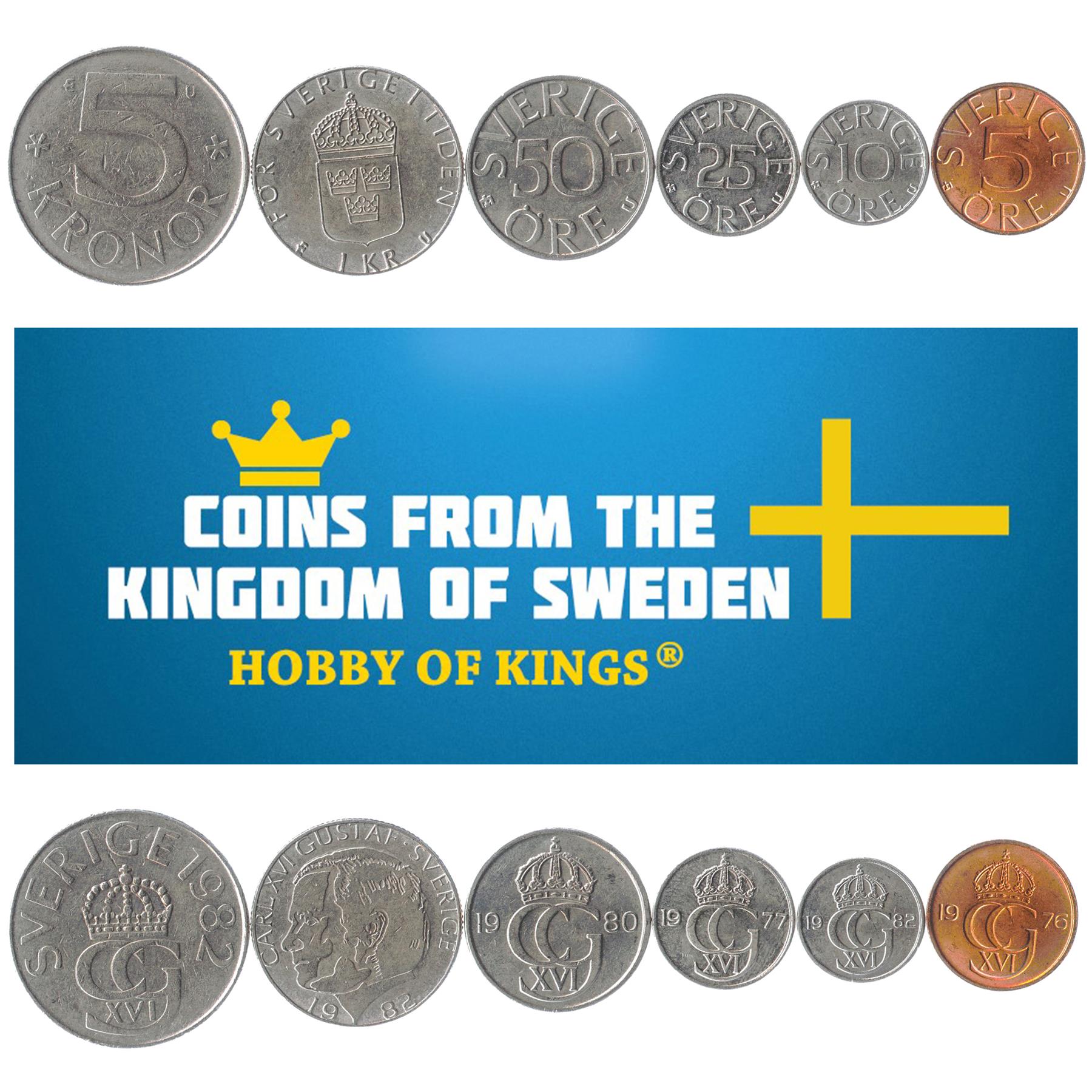 Swedish 6 Coin Set 5 10 25 50 Öre 1 5 Kronor | Carl XVI Gustaf | Three Crowns | Sweden | 1976 - 2000