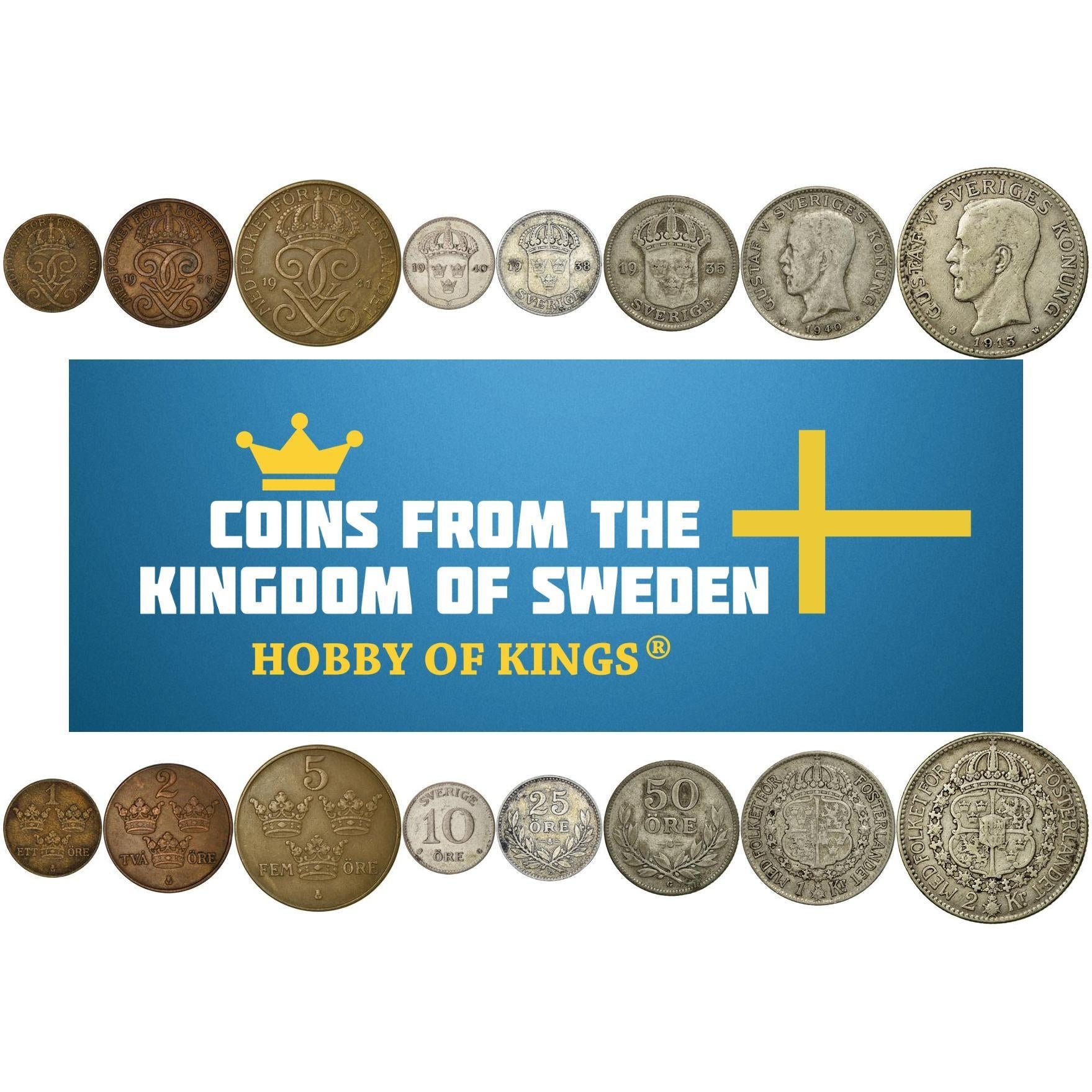 Swedish 8 Coin Set 1 2 5 10 25 50 Ore 1 2 Kronor | King Gustaf V | Three Crowns | Sweden | 1909 - 1950