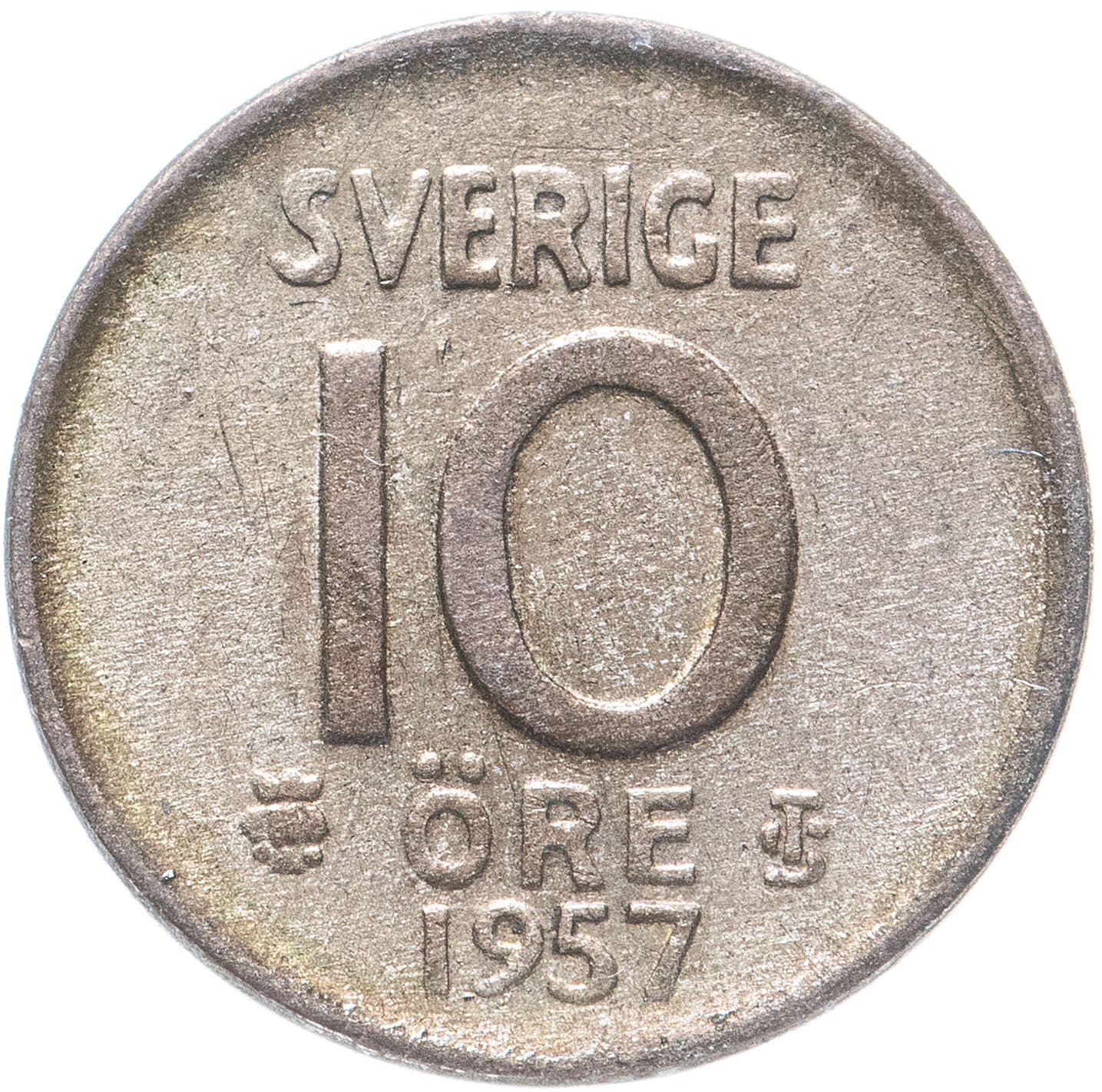 Swedish Coin 10 Ore Coin | King Gustaf VI Adolf | Crown | Sweden | 1952 - 1962