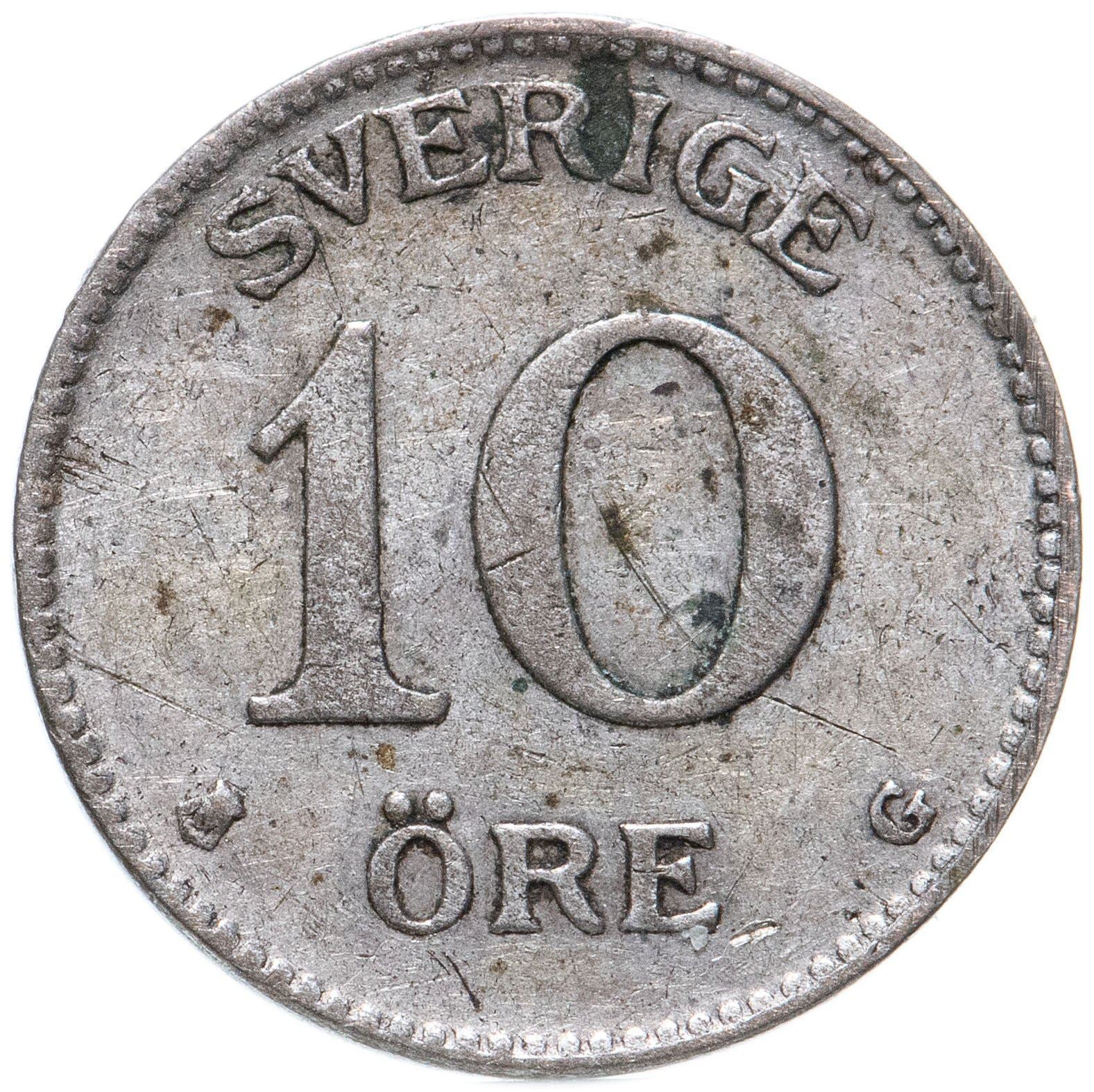 Swedish Coin 10 Öre | King Gustaf V | Crown | Sweden | 1909 - 1942