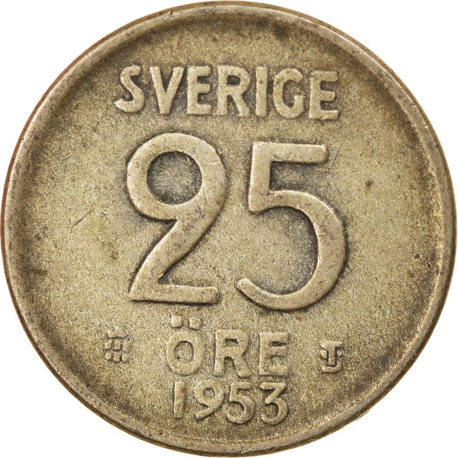 Swedish Coin 25 Ore Coin | King Gustaf VI Adolf | Crown | Sweden | 1952 - 1961