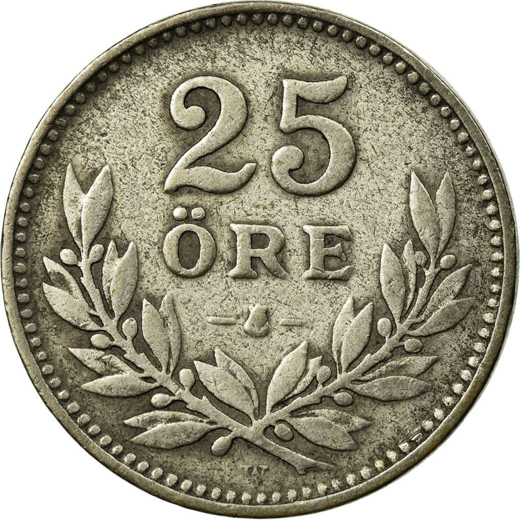 Swedish Coin 25 Öre | King Gustaf V | Shield | Sweden | 1910 - 1941